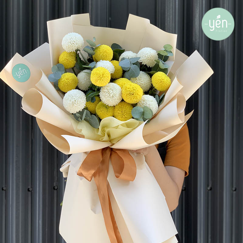 Bó hoa pingpong tone vàng trắng